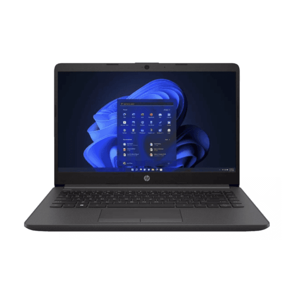 Portátil HP 240 G7 con pantalla de 14”, ideal para estudiantes y profesionales, mostrando su diseño delgado y ligero en un entorno de trabajo