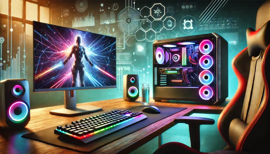 Configuración moderna de juego que incluye un PC gamer de alto rendimiento con iluminación RGB, un monitor mostrando un juego multijugador emocionante, un teclado mecánico y un ratón gamer, todo en un ambiente bien iluminado y atractivo que refleja una atmósfera tecnológica avanzada.