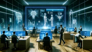 Tendencias tecnológicas en equipos de cómputo para oficinas. Un entorno de trabajo futurista mostrando la interacción con dispositivos impulsados por inteligencia artificial, con pantallas inteligentes y análisis de datos avanzados, simbolizando la innovación tecnológica en el lugar de trabajo.