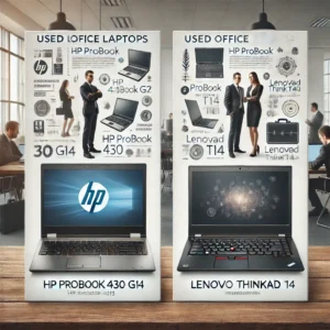 Portátiles usados HP ProBook 430 G6 y Lenovo ThinkPad T14 en una oficina con profesionales trabajando.